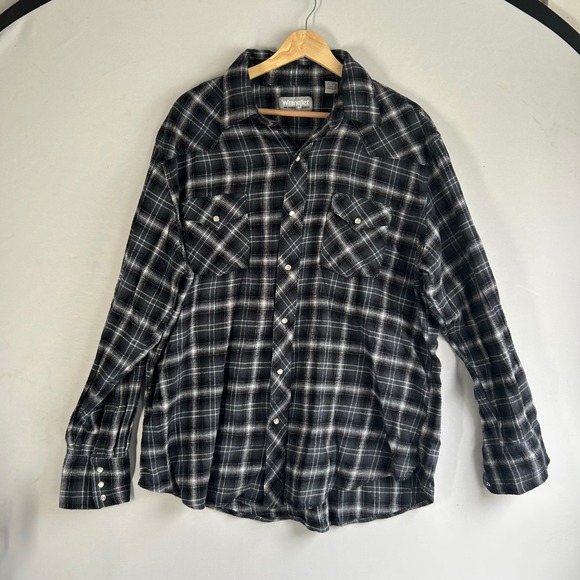 Wrangler Other - Wrangler Wrancher Mens XL Western Pearl Snap Shirt Black Grey Plaid Flannel Long